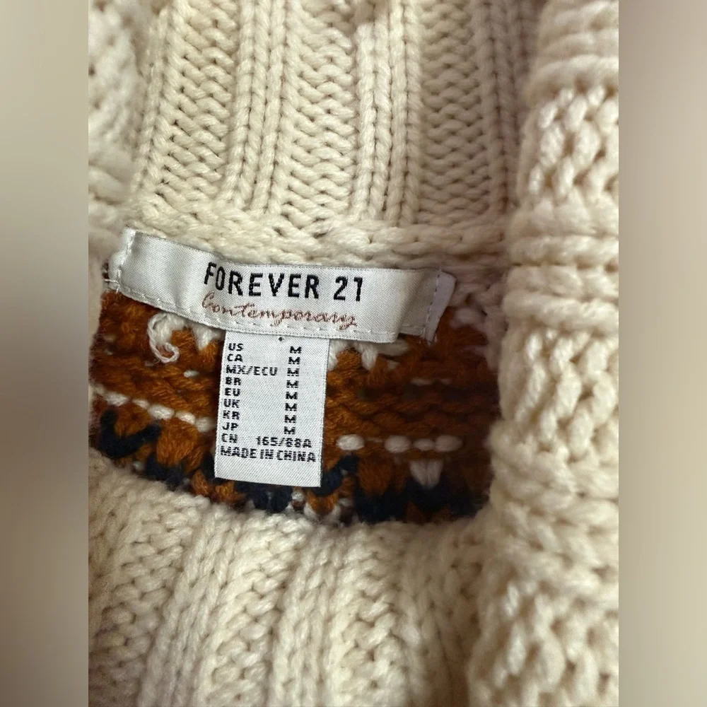 Forever 21 Cream Navy Blue Nordic Boho Fair Isle Fringe Sweater Women’s Sz M - Picture 6 of 8